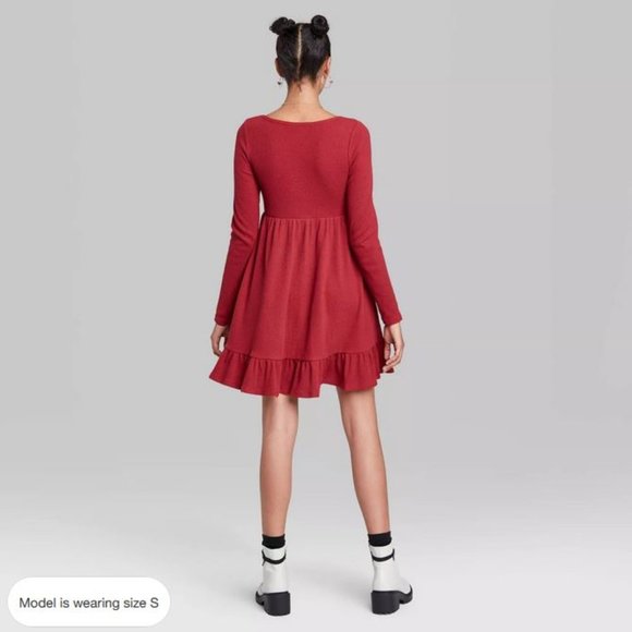 Long Sleeve Waffle Knit Babydoll Dress 